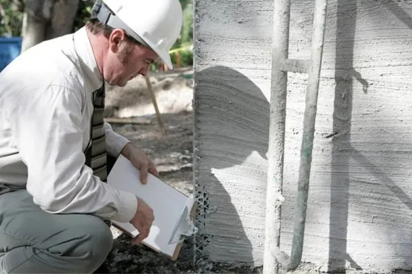 stucco contractor inspecting exterior stucco for repair