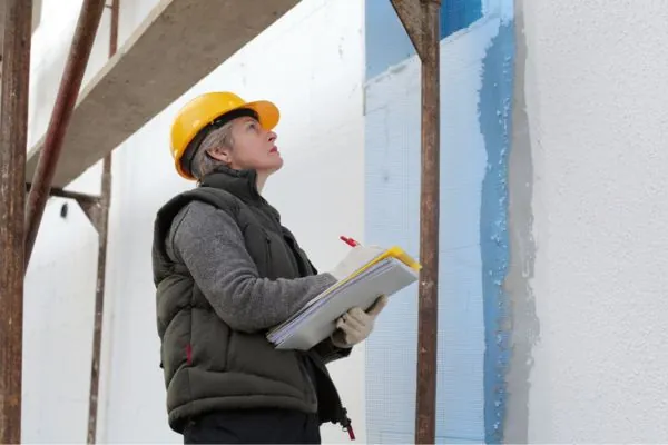 stucco professional inspecting exterior stucco for repair 